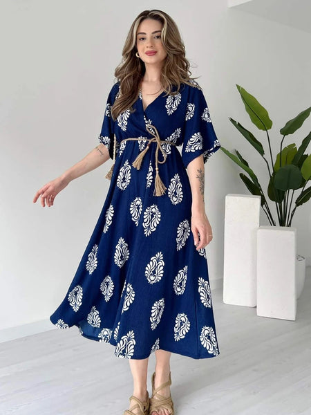 Elegant blue floral wrap midi dress daily wear