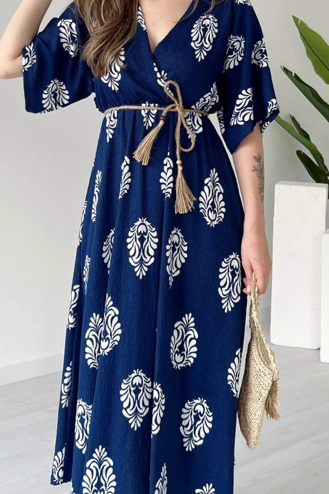 Blue V neck floral wrap dress lady
