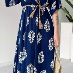 Blue V neck floral wrap dress lady
