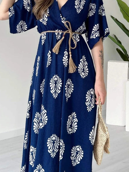 Blue V neck floral wrap dress lady
