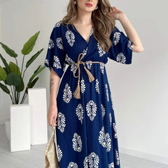 Casual blue rayon wrap dress for ladies
