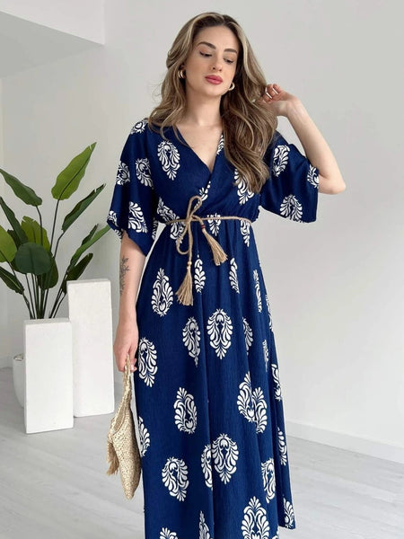 Casual blue rayon wrap dress for ladies
