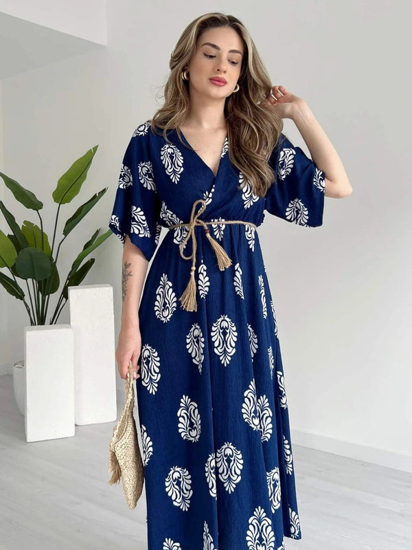 Casual blue rayon wrap dress for ladies
