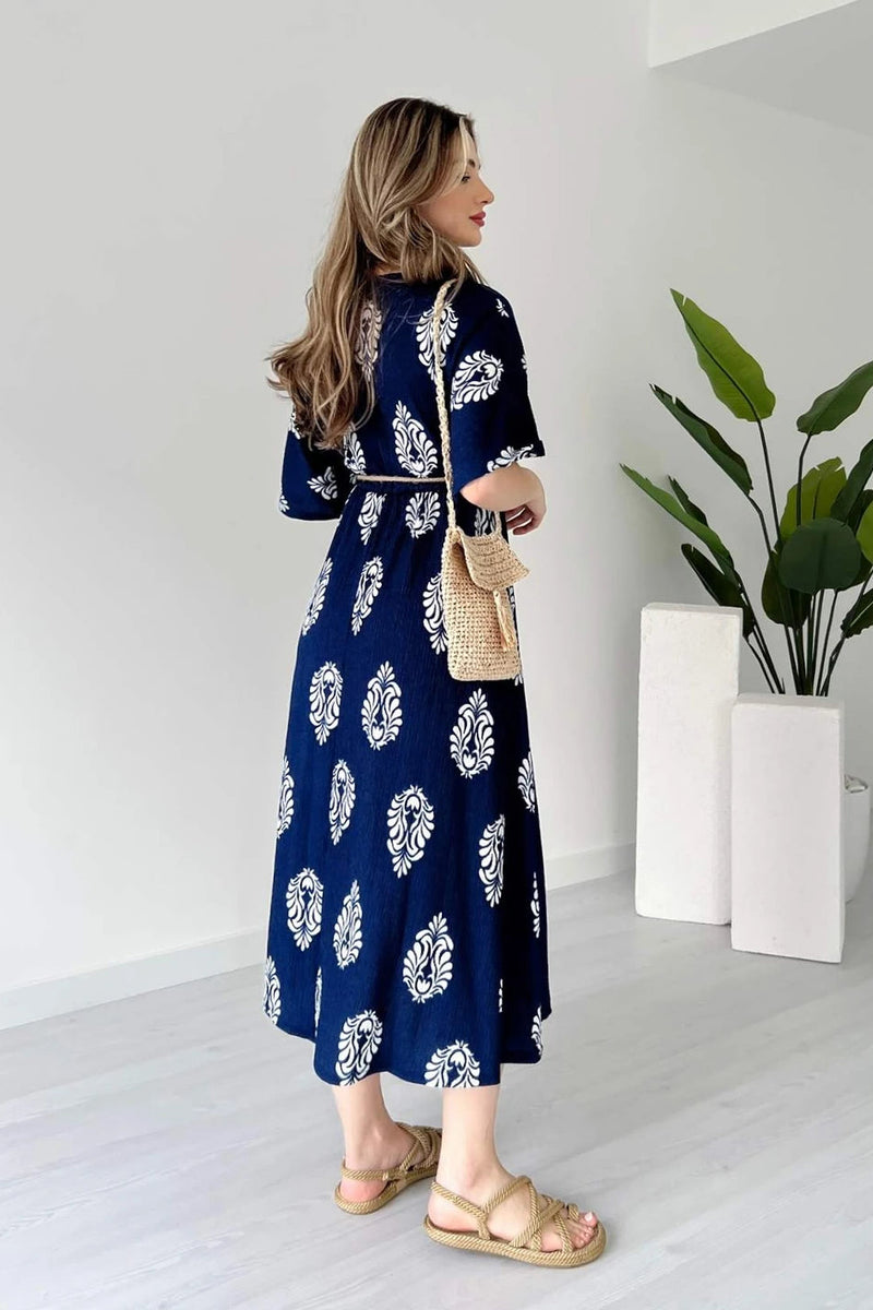 Lady blue fit and flare wrap midi dress
