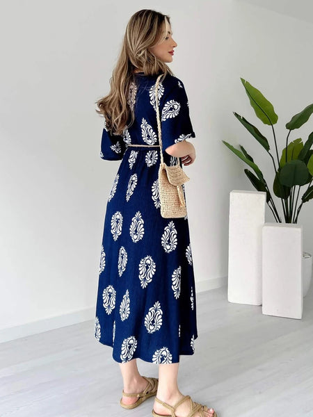Lady blue fit and flare wrap midi dress
