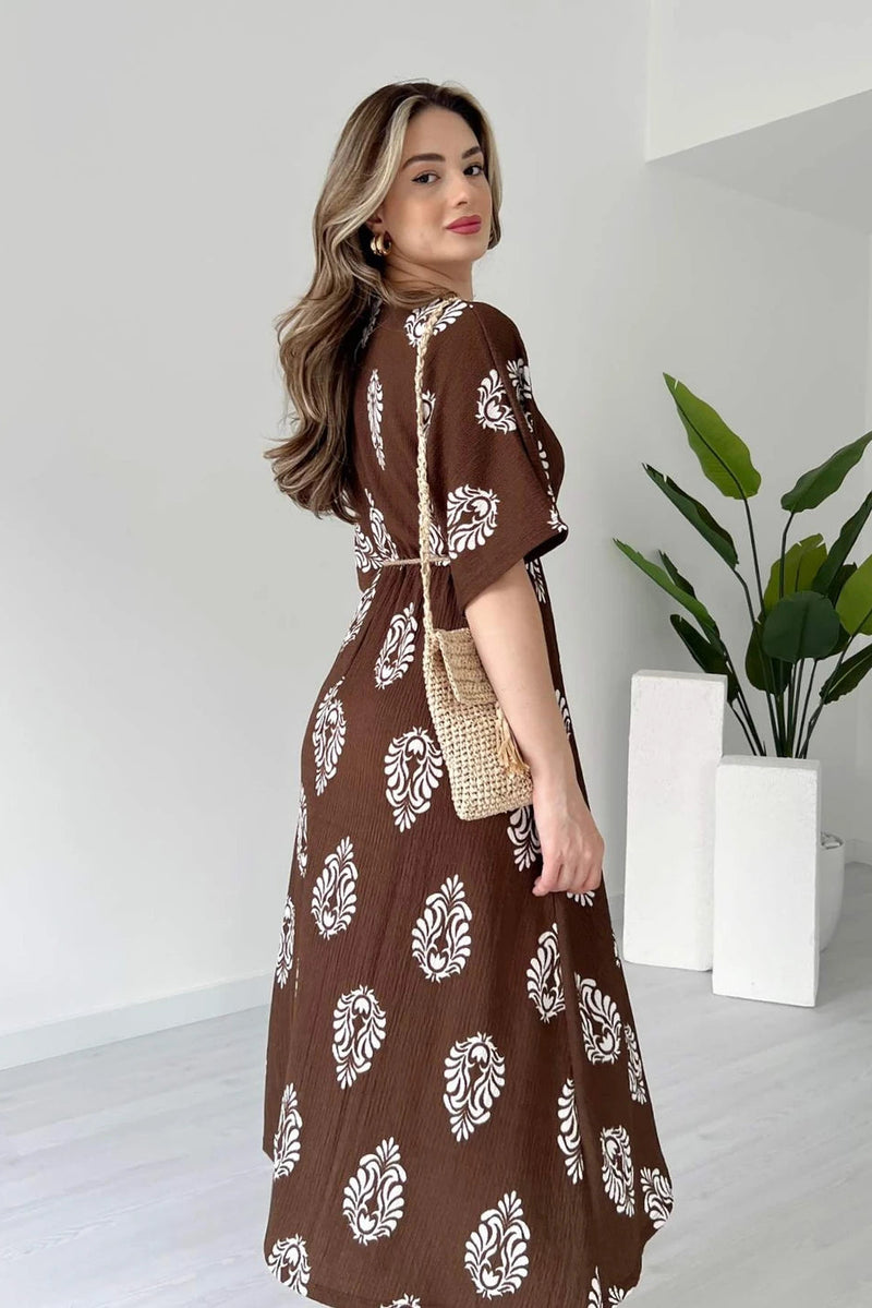 Girl V neck coffee brown floral wrap dress

