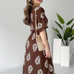 Girl V neck coffee brown floral wrap dress
