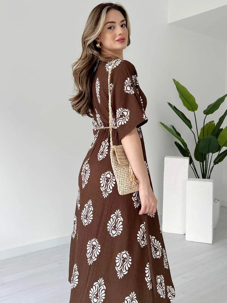 Girl V neck coffee brown floral wrap dress
