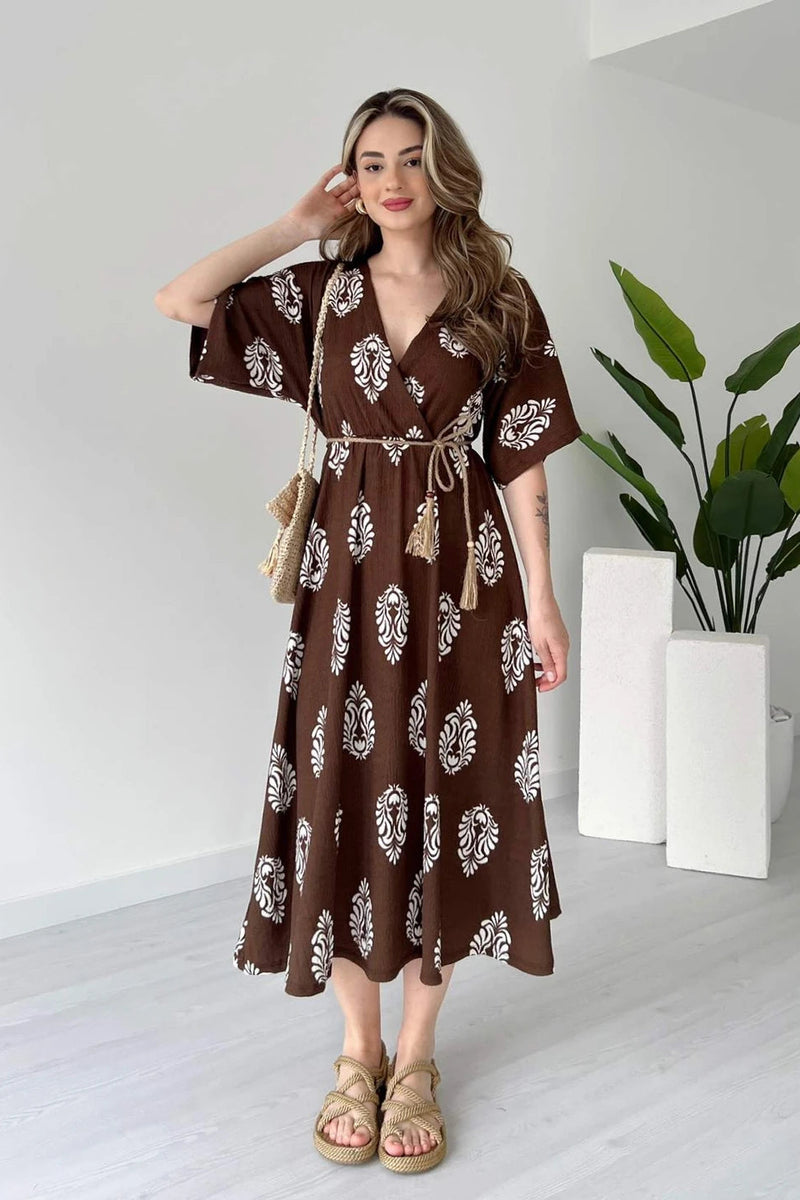 Coffee brown calf length rayon wrap dress front view
