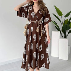 Coffee brown calf length rayon wrap dress front view
