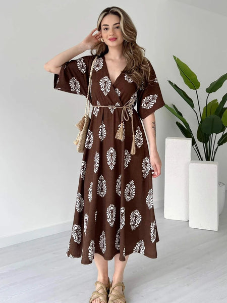 Coffee brown calf length rayon wrap dress front view
