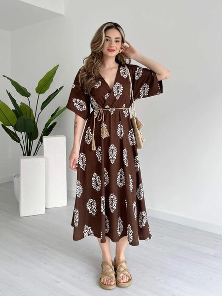 Coffee Brown Floral Wrap Dress for Girl