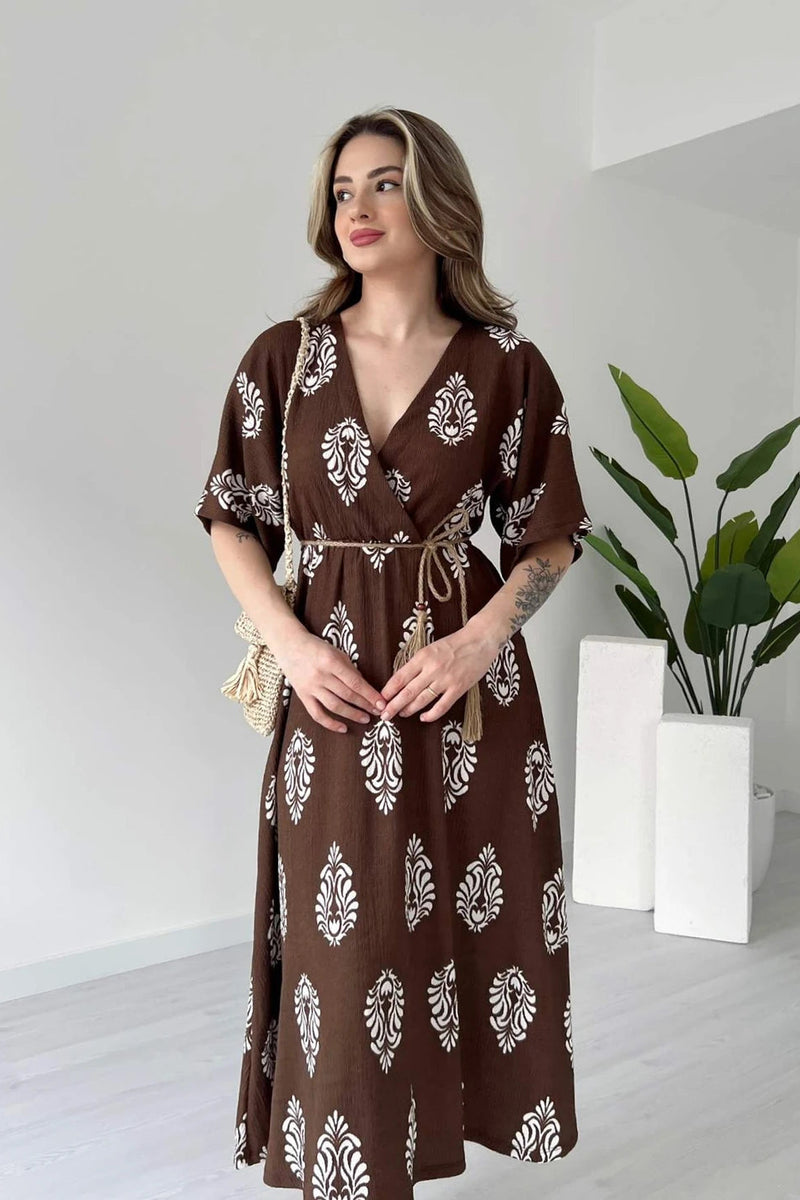 Elegant coffee brown floral wrap dress daily wear