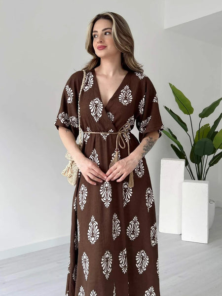 Elegant coffee brown floral wrap dress daily wear