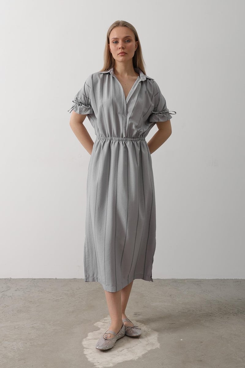 Women grey rayon fit and flare dress front view
