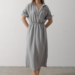Women grey rayon fit and flare dress front view

