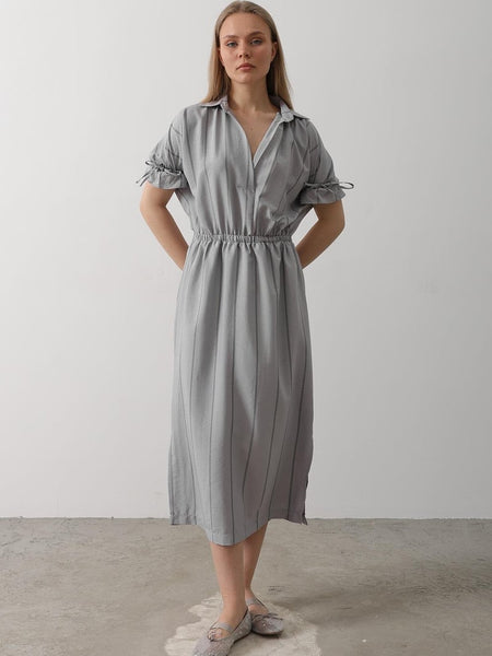 Women grey rayon fit and flare dress front view
