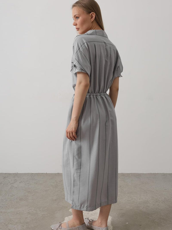 Grey collar neck fit and flare dress for women
