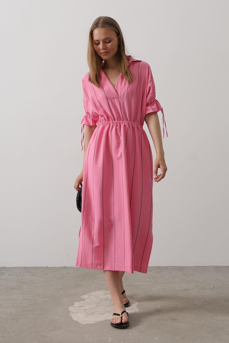Pink rayon fit and flare dress for women
