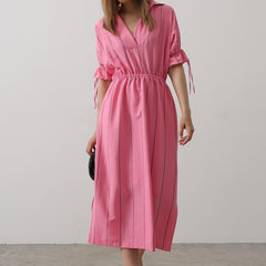 Pink rayon fit and flare dress for women
