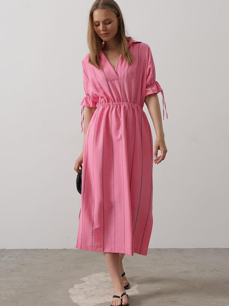 Pink rayon fit and flare dress for women

