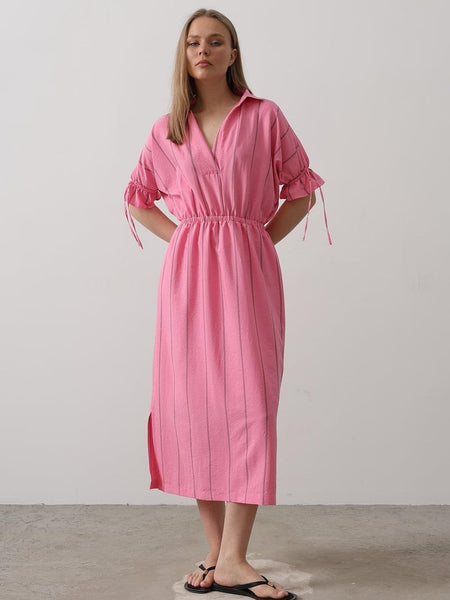 Women pink rayon fit and flare dress front view
