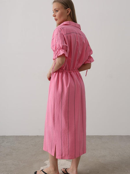 Women wearing pink collar neck calf length dress
