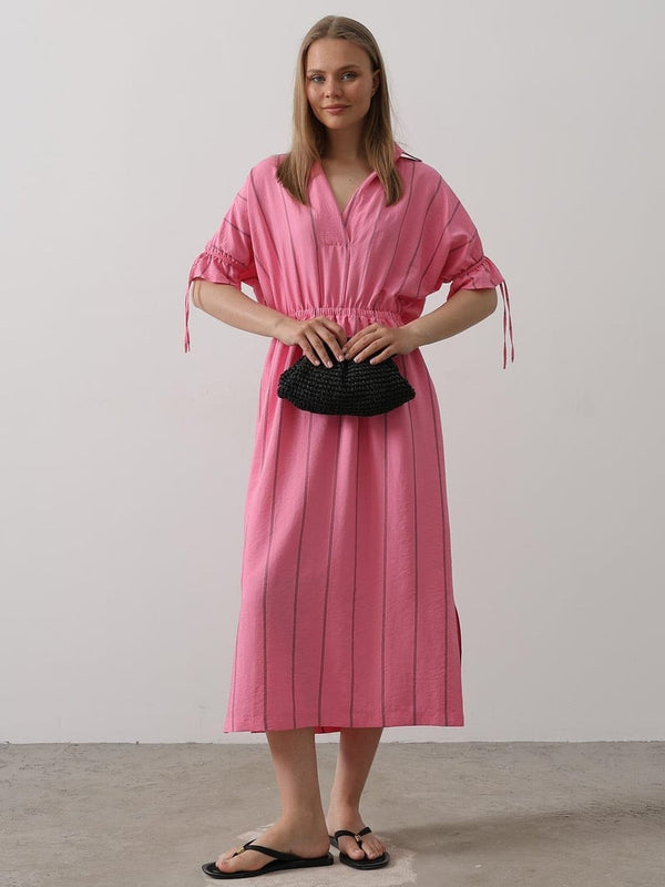Women casual pink rayon dress look
