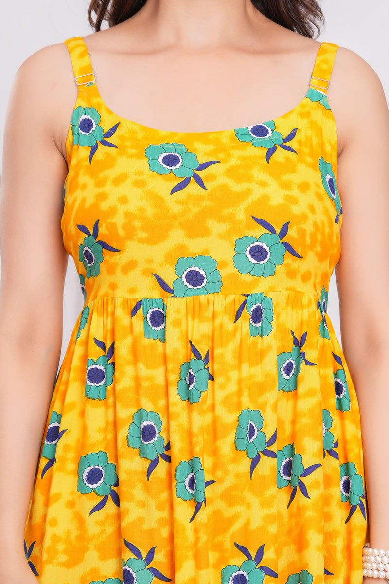 Square neck yellow floral dress girl
