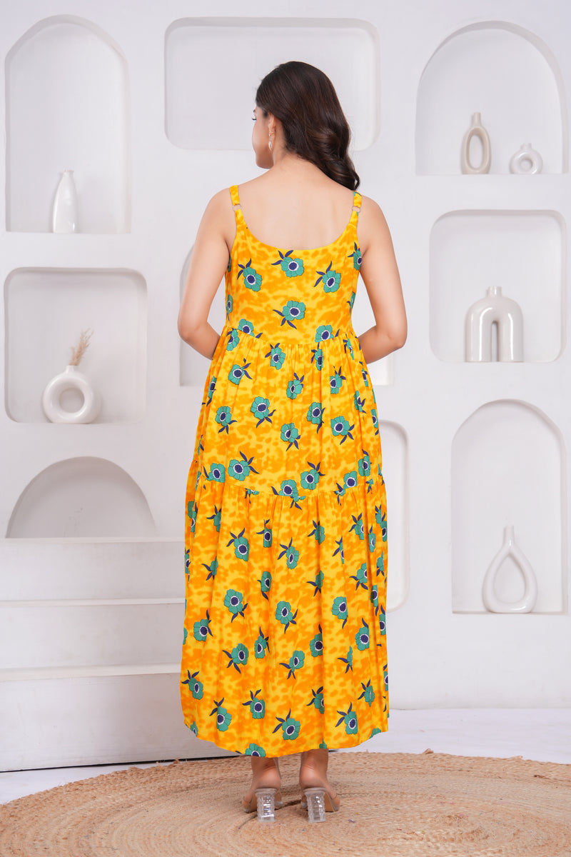 Yellow floral rayon fit and flare girl dress
