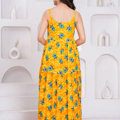 Yellow floral rayon fit and flare girl dress

