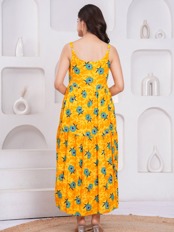 Yellow floral rayon fit and flare girl dress

