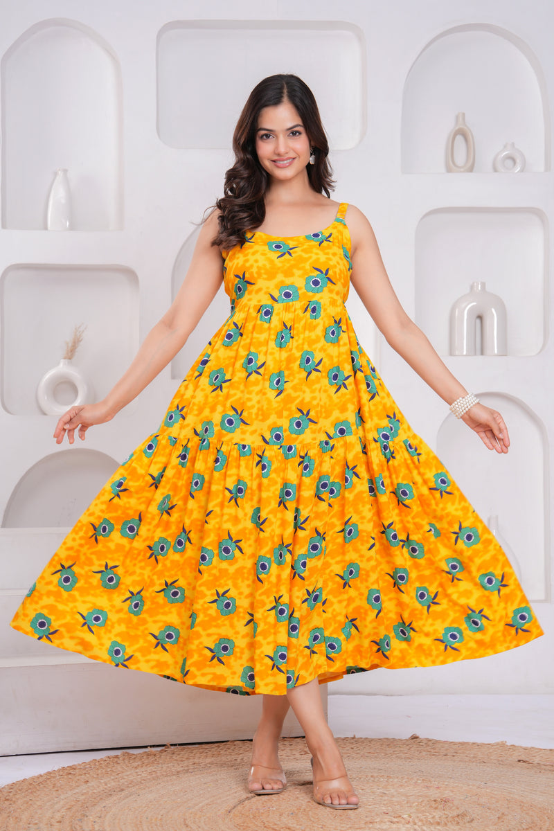 Girl yellow sleeveless floral dress front view

