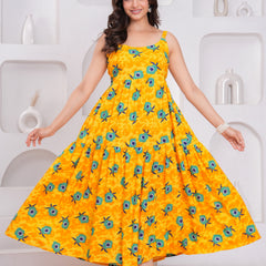 Girl yellow sleeveless floral dress front view
