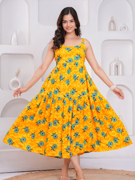 Girl yellow sleeveless floral dress front view
