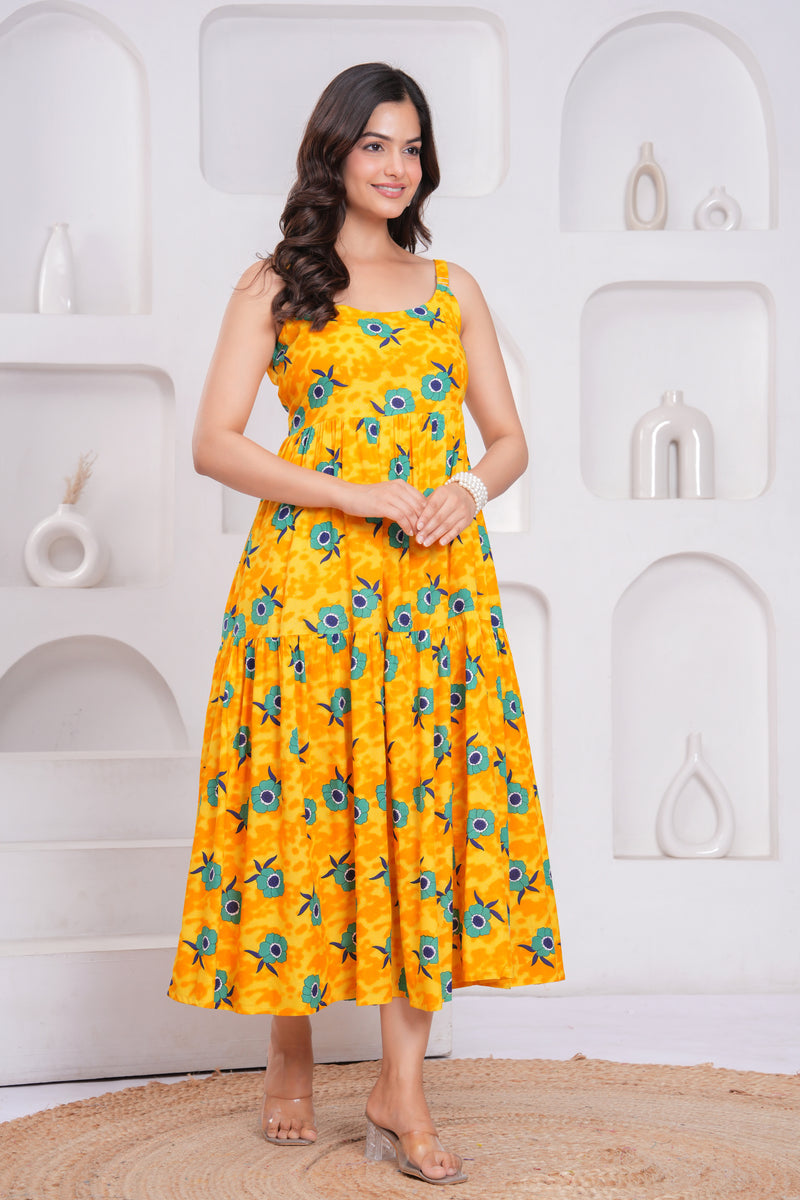 Yellow floral calf length rayon dress girl
