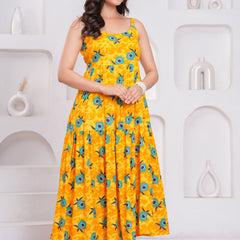 Yellow floral calf length rayon dress girl
