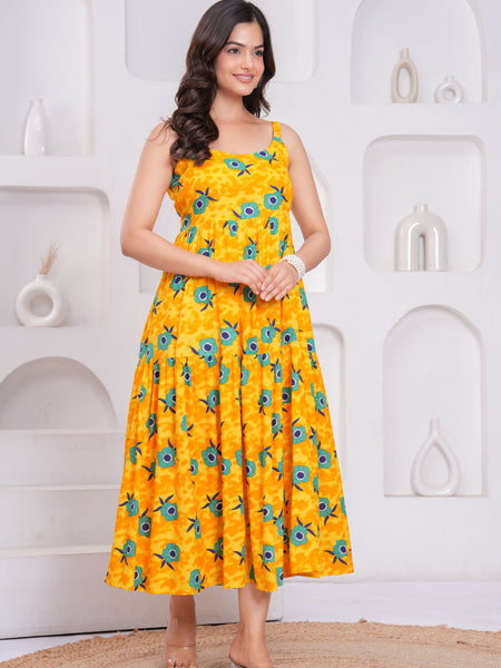 Yellow floral calf length rayon dress girl
