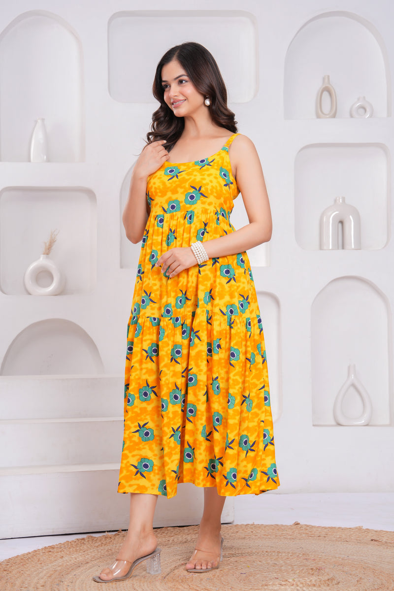 Bright yellow rayon fit flare dress daily wear