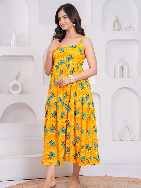 Bright yellow rayon fit flare dress daily wear