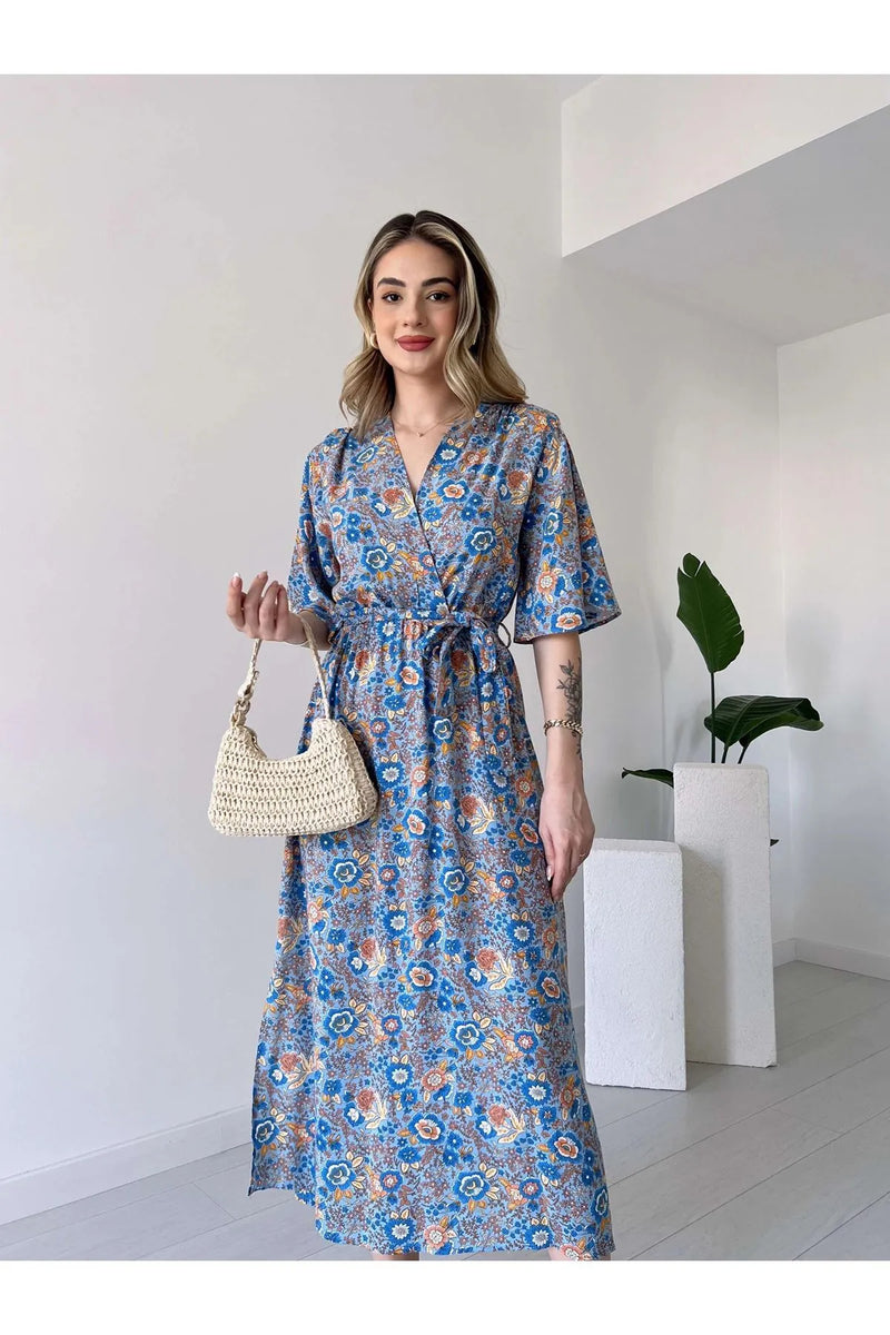 Woman wearing multicolor floral V neck dress
