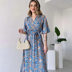 Woman wearing multicolor floral V neck dress
