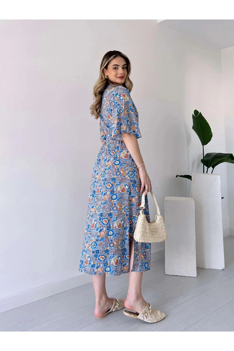 Multicolor calf length floral rayon dress woman
