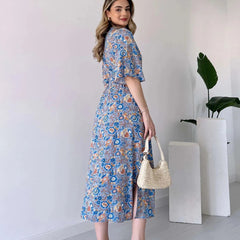 Multicolor calf length floral rayon dress woman

