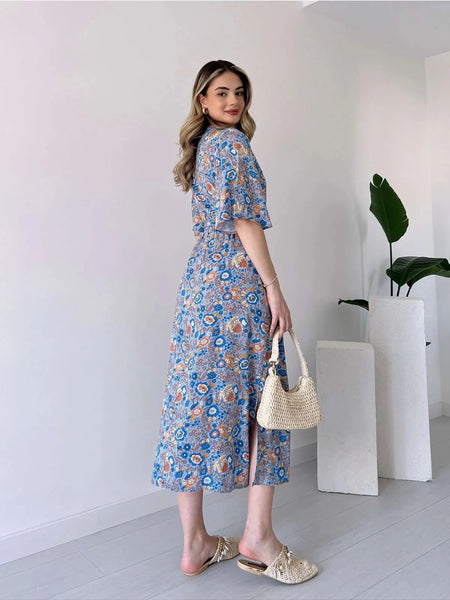 Multicolor calf length floral rayon dress woman
