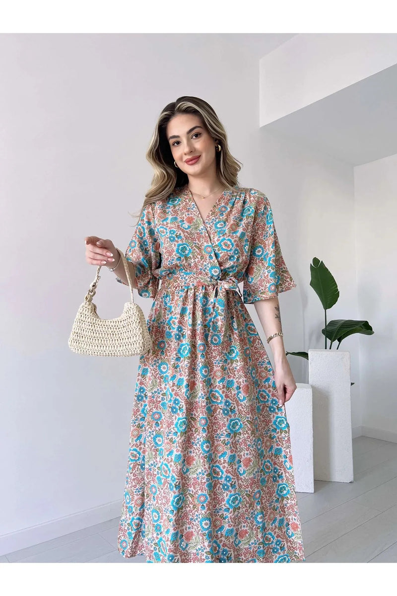 Close up floral print rayon dress for lady

