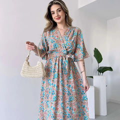 Close up floral print rayon dress for lady
