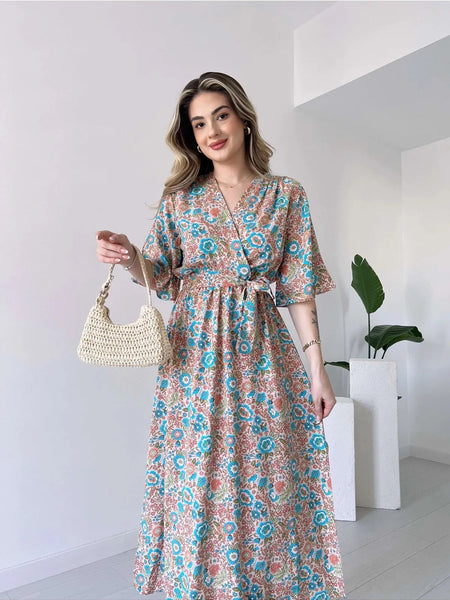 Close up floral print rayon dress for lady
