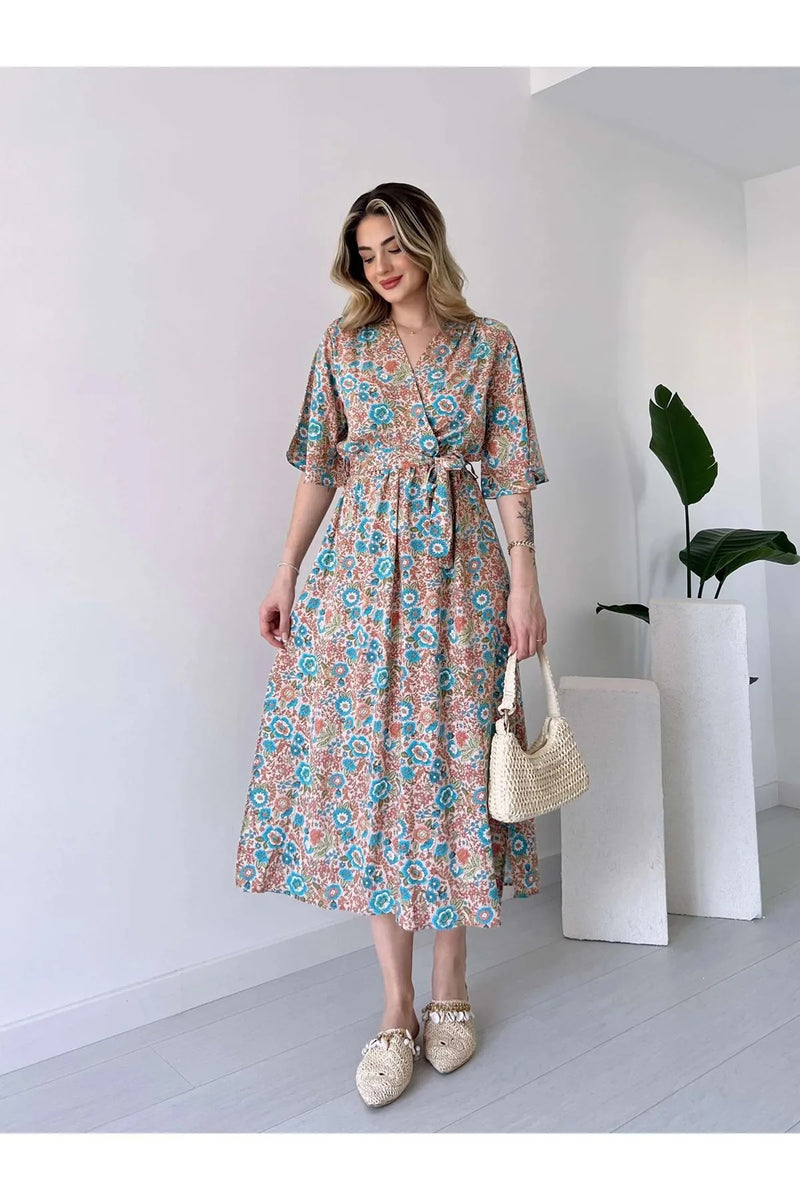 Lady wearing multicolor floral V neck dress

