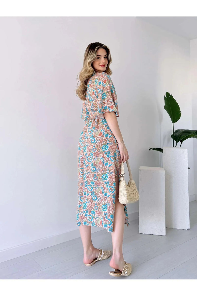Multicolor calf length printed rayon dress
